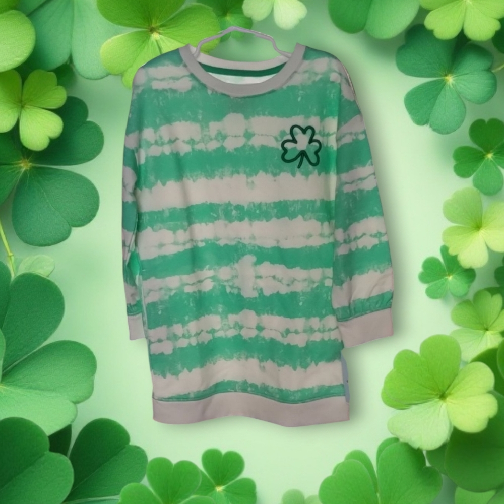 Green and White Tie-Dye Sweatshirt Dress with Shamrock